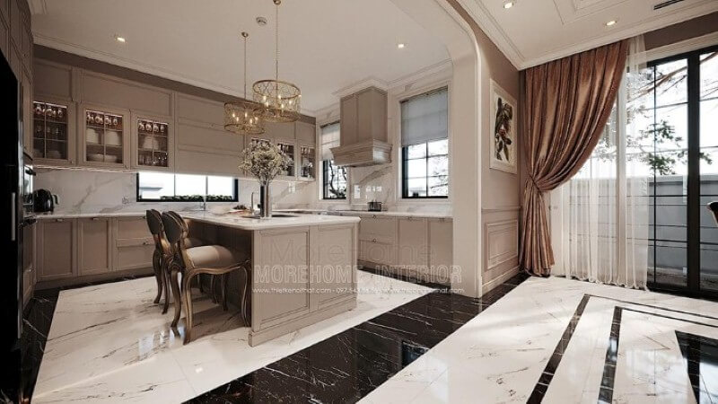 Mẫu tủ đảo bếp gỗ tự nhiên gam màu nâu nhạt kết hợp cùng đá ốp lát tạo nên vẻ đẹp nhẹ nhàng, thanh lịch nhưng không kém phần sang trọng tại biệt thự cao cấp Hải Phòng. Tủ bếp đẹp, tủ bếp đẹp hiện đại, tủ bếp An Cường, tủ bếp cao cấp