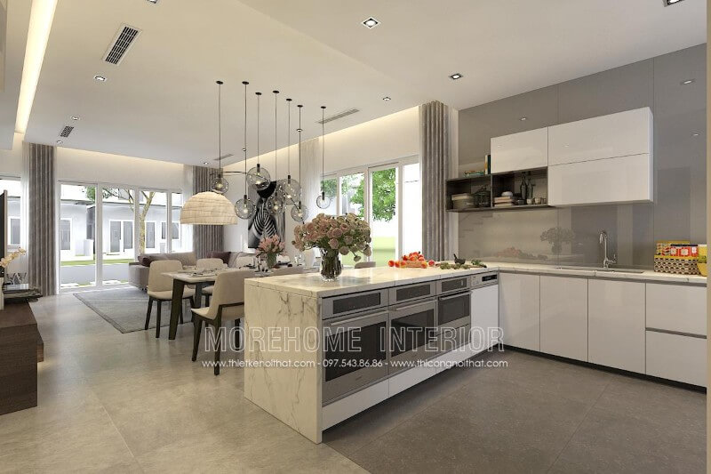 Mẫu tủ bếp chữ L màu trắng tạo sự thanh lịch, nhẹ nhàng trong không gian bếp