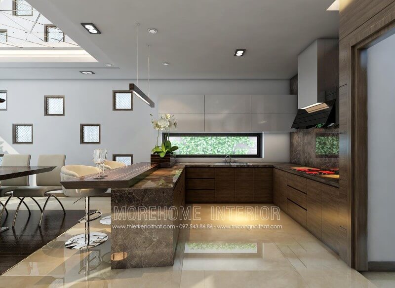 Lựa chọn gam màu óc chó trầm ấn tượng kết hợp màu trắng nhẹ nhàng, mẫu tủ bếp hiện đại tại Hải Phòng mang lại cái nhìn sang trọng và đầy tinh tế, là điểm nhấn độc đáo nổi bật cho cả ngôi nhà