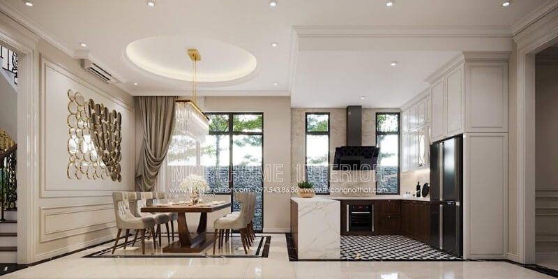 Phong cách đương đại đẹp sang trọng trong thiết kế phòng ăn liền bếp.