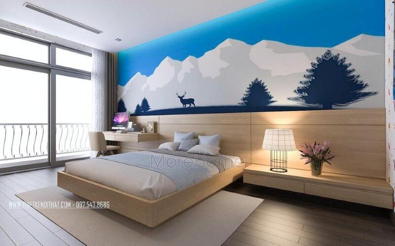 Gỗ ốp tường sáng màu kết hợp tranh dán tường thiên nhiên sinh động tạo điểm nhấn độc đáo cho phòng ngủ con