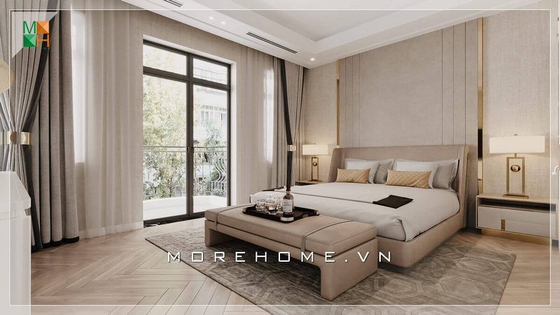 Mẫu ghế đôn cuối giường bằng khung gỗ bọc nỉ toàn bộ cùng tông giường, có thể để đồ hoặc nằm thư giãn trước khi nghỉ ngơi